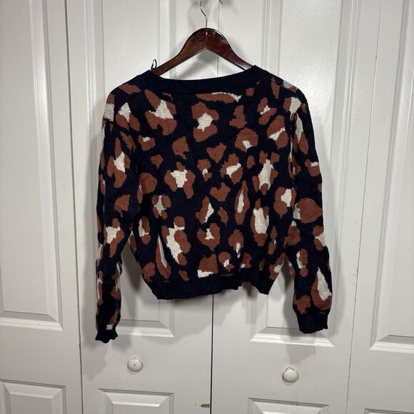 Dreamers Womens M Sweater Brown Black White Leopard Animal Print Boho Fall Cozy - Picture 2 of 7